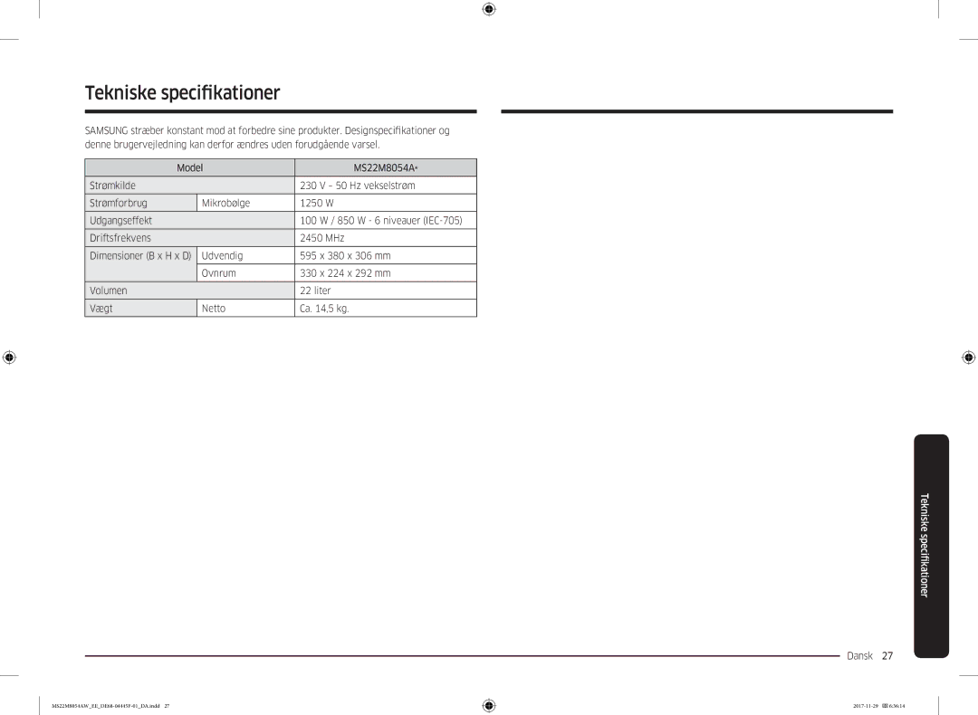 Samsung MS22M8054AK/EE, MS22M8054AW/EE manual Tekniske specifikationer, Dansk  